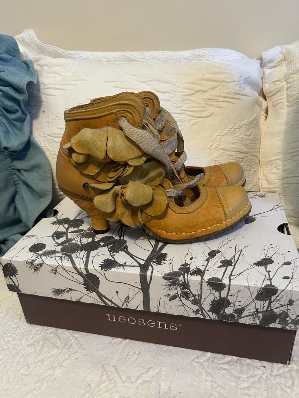 Neosens Women's Mustard Floral Lace-Up Heels with Decorative Rosettes